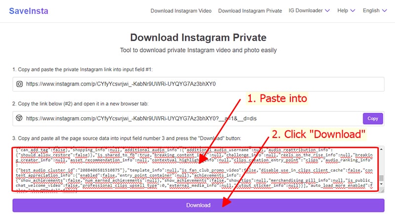 Paste all the source code into input box number 3 to download the content