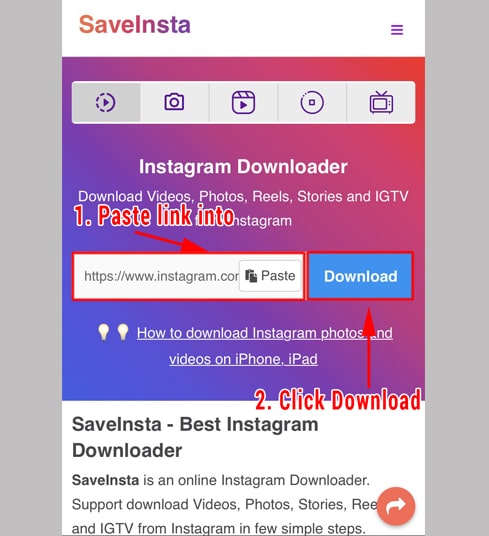 Paste the Instagram video link into saveClip