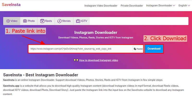 Paste the Instagram link into SaveClip on Android